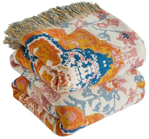 Bailix Premium Boho Tagesdecke 100% Baumwolle Kuscheldecke mit Fransen Doppelseitige Musselin Boho Decke 200x230cm, Kuschelige Sofadecke & Bettüberwurf, Sommedecke für Wohnzimmer Orange/Glasblau