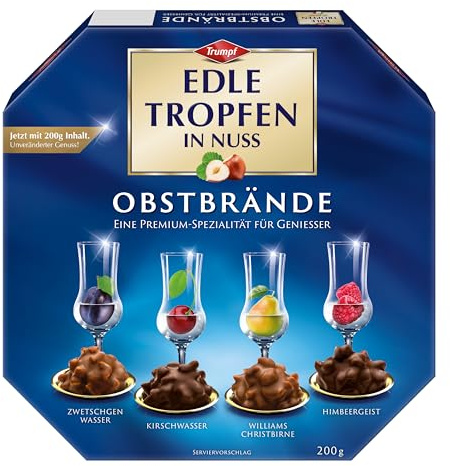Edle Tropfen in Nuss Obstbrände 200g, flüssig gefüllte Schokoladenpralinen | mit Milchschokoladen-Überzug und knackigen Haselnuss-Splittern