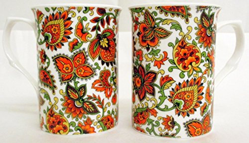 Paisley Mugs Set of 2 Fine Bone China Orange Paisley Pattern Mugs Hand Decorated in UK