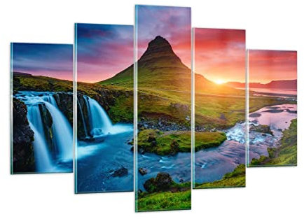 Mehrteilige Bilder auf Glas 150x100cm Glasbild Sonnenuntergang Wasserfall Island Vulkan Groß XXL Wanddeko Schlafzimmer Küche Set 5 teilige Wandbilder Dekoration Wohnzimmer Modern Art GEA150x100-2963