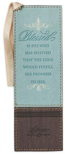 Christian Art Gifts Faux Leather Scripture Bookmark: Blessed is She | Blue, Luke 1:45 Bible Verse, Heat-Debossed, Faith-Based Reading Book Accessory w/ Ribbon Satin Tassel, Bookmarks for Women