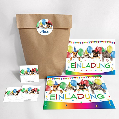 10-er Set Einladungskarten Kindergeburtstag + Umschläge, Tüten, Aufkleber/für Mädchen und Jungen lustige Katzen, Hunde (10 Karten + 10 Umschläge + 10 Party-Tüten (Kreuzbodenbeutel) + 10 Aufkleber)