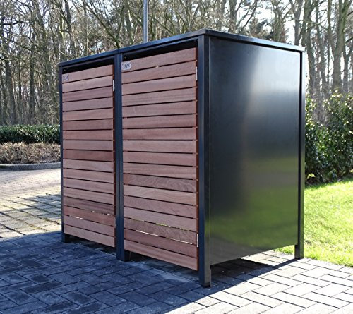 2 Mülltonnenboxen für 120 Liter Mülltonnen in Edeldesign Anthrazit - Edelholz / witterungsbeständig durch Pulverbeschichtung / mit Klappdeckel und Fronttür aus Edelholz