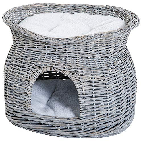 PawHut Panier Chat lit Chat Cosy Grand Confort 56L x 37l x 40H cm 2 Coussins Amovibles Osier Gris