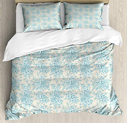 ABAKUHAUS Vintage Duvet Cover Set, English Garden Rose Romance, Bedding Set 3 Pieces with 2 Pillow Shams, 230 x 220 cm - 70 x 50 cm, Off White Blue