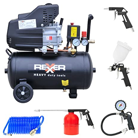 REXXER Druckluftkompressor 24L mit 5-tlg. Lackierset | 8 Bar, 2 PS, 1500 W, 156 l/min, inkl. 5-tlg. Lackierset