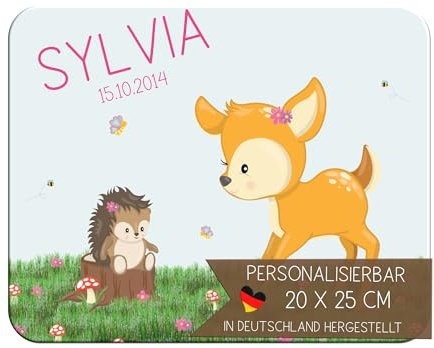 CreaDesign Personalisiertes Kinder Frühstücksbrett mit Namen, 20x25 cm, rutschfestes Schneidebrett aus Kunststoff, Reh Design, spülmaschinen & mikrowellengeeignet, Schneidbrett für Kinder