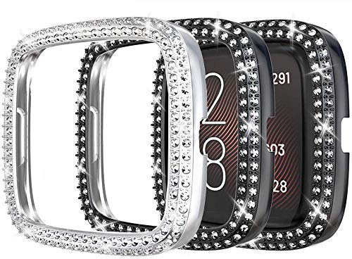 Miimall [2 Stück] Kompatibel mit Fitbit Versa 2 Hülle, Strass Glitzer Harter PC Schutzhülle Stoßfest Kratzfest Bling Diamant Rahmen Stoßstange Schutz Case für Fitbit Versa 2 - Schwarz+Silber