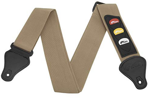 TIGER Tracolla per Chitarra con Supporto per Plettri, per Chitarra Classica, elettrica, Basso e Acustica, Edizione Standard, Beige
