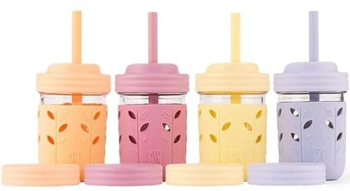 Elk and Friends Vasos de vidrio para niños y niños pequeños, el tarro de vidrio original de 8 onzas con mangas + tapas, pajitas de silicona + tapón, taza de batidos, almacenamiento de alimentos