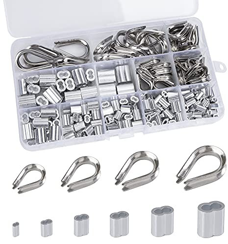 QIMEI-SHOP Drahtseil Fingerhut Set DrahtseilKauschen 304 Edelstahl M2 M3 M4 M5 Aluminiumhülsen Clips M1,2 M1,5 M2 M2,5 M3 M4 mit Aufbewahrungsbox 240 Stück