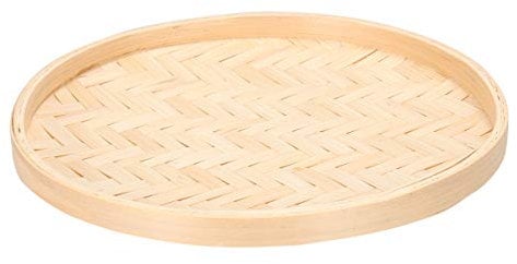 HEALLILY Panier de service rond en rotin fait à la main - Plateau de service en bambou - Plateau plat en osier - Fournitures en bois - Décoration d'intérieur - Art mural - 22 cm