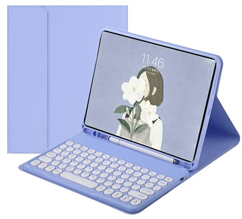 Disonbeir Keyboard Case for iPad 6th 5th Generation 9.7, Air & Air2, iPad Pro 9.7 inch Cute Round Key Wireless Removable BT Color Keyboard Cover with Pencil Holder (Purple)