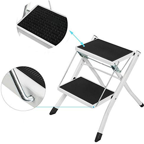 Escabeau Pliable en Acier Haute Performance (jusqu'à 150 kg) Echelle Portable à 2 marches avec marches nervurées antidérapantes Mini escabeau léger pour Le Bureau à Domicile Cuisine Garage