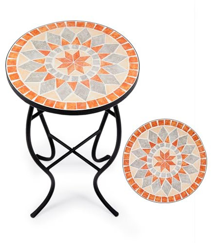 VONLUCE Tavolino Rotondo da Giardino, Supporto per Piante, Tavolo Mosaico con Piano in Piastrelle di Ceramica da 35,5 cm, Mobili da Esterno, Tavolino da Caffè per Casa e Giardino (Arancione)