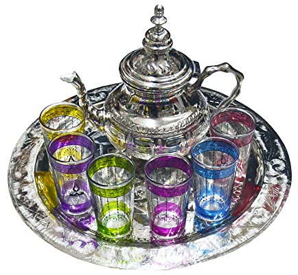 Service à thé marocain complet à utiliser tous les jours : théière 800 ml plateau 35 cm 6 verres en verre coloré