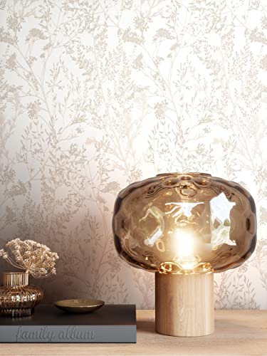 Newroom Design Tapete Beige Vliestapete Leicht Glänzend - Blumentapete Floral Weiß Blumen Blätter Romantisch inkl. Tapezier-Ratgeber