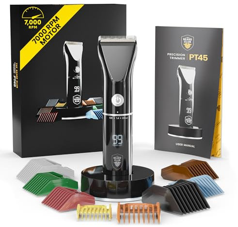 Beard Club - Regolabarba regolabile da uomo, elettrico, senza fili, ricaricabile, ad alta potenza, 7000 giri/min, 8 guide di colore, 45 lunghezze uniche di taglio, lame extra affilate, blocco da