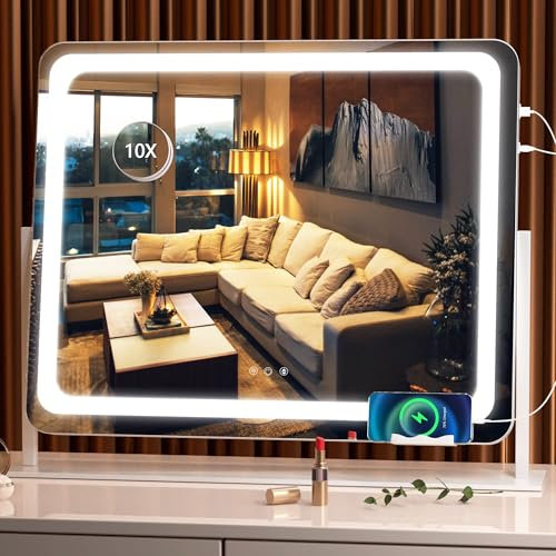 Hasipu Schminkspiegel mit Beleuchtung, 55 x 45 cm LED Kosmetikspiege mit 10x Vergrößerung, 3 Farbtemperatur Licht, Dimmbar, Smart Touch Control Tischspiegel, 360° Drehung, Spiegel für Make-up Weiß