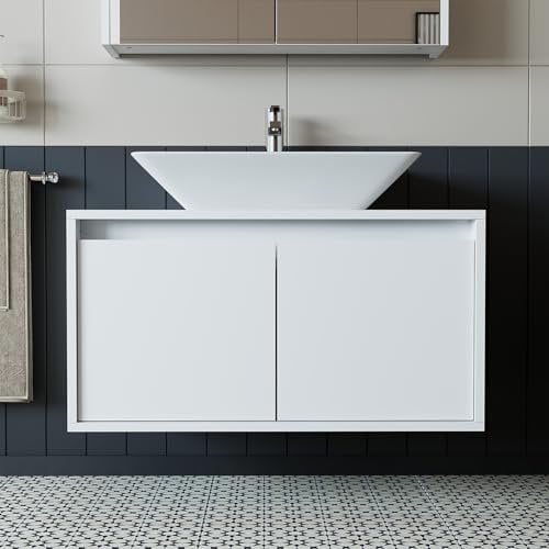 ROOMART • Badmöbel • Atlantic Badezimmemöbel • Keramik Waschbecken mit Unterschrank 85 cm, • Weiß (Weiß, 85 cm)