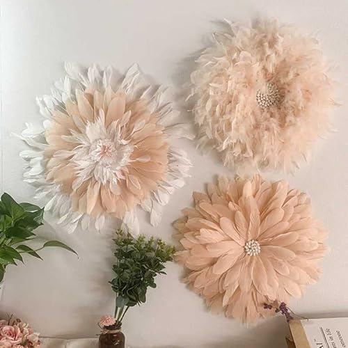 PROPFE Handgemachte Feder-Blumen-Feder-Dekor-Wandbehang-Wand-Kunst-Wand-Dekoration mit für Wohnzimmer, Schlafzimmer, Babyzimmer, Geschenk, einfacher runder Truthahn 55 cm