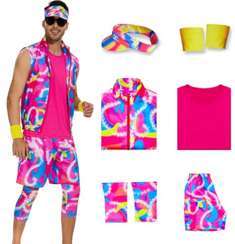 AYYOHON Mens 80s Workout Costume Sleeveless Jacket T-shirt Shorts Set with Leg Warmer Wristbands Visor Halloween Cosplay L