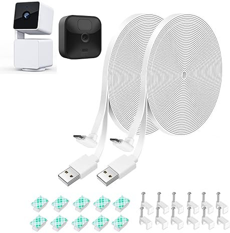 26FT L-Shape Connector Power Extension Cable for Wyze Cam Pan V3 & Blink Outdoor (3rd Gen) Camera - Flat Weatherproof Charging Power Cord (White) 2 Pack - Not for Wyze Cam V3