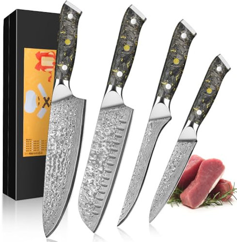 BILLION DUO 4-teiliges Damastmesser set, Damaststahl Küchenmesserset Messerset Küchenmesser Rasiermesserscharf, 67 Schichten Edelstahlkern, einzigartigem Karbonfaser&Blattgold Handgriff