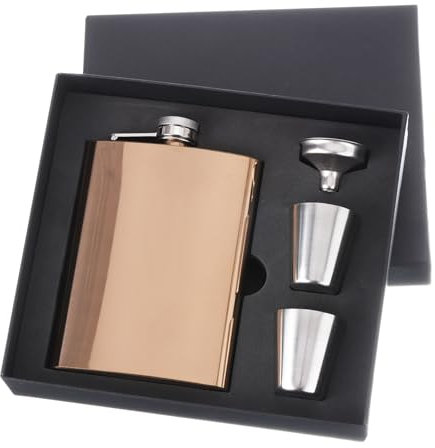 sourcing map Hip Flask for Liquor 8oz Stainless Steel Leak Proof Drinking Flask with Cup and Funnel for Camping Hiking Outdoor Activity, Rose Gold