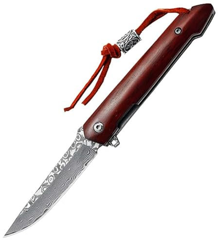Joa Couteau de survie d'extérieur en damas - Outil manuel pratique - Couteau de randonnée en métal avec manche en bois - Couteau de poche pliable - Couteau à main avec cordon en cuir