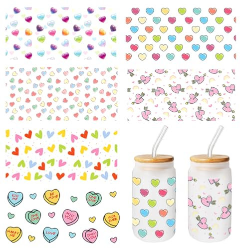 Zayookey 6 Blätter UV DTF Transfer Aufkleber Herz Tasse Wrap Transfer Sticker Transfer Decals Wasserfeste Rub on Transferaufkleber Becher Wickeln Transfers Sticker für Glas Tassen (Herz-Thema)