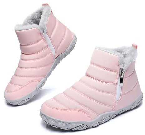 Scarpe Barefoot Stivali da Neve Scarpe Uomo Donna Invernali Stivaletti Cerniera Foderato in Pelliccia Caldi Outdoor Boots Impermeabili Antiscivolo Scarponcino Trekking Scarpe Comodo Unisex Rosa EU38