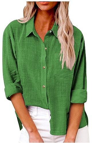 Blazer Damen Elegant,Long Hemd Damen Lang,Leinen Damenhemd Sommer Langarm Revers Button Down Hemd Leichte Gaze lose lässige Mode Shirt Kleidung,Grün,3XL