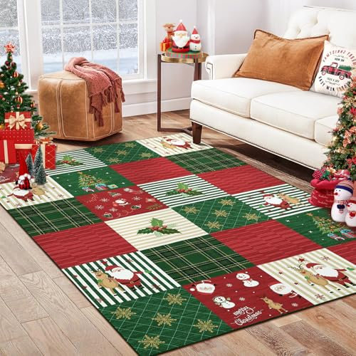 CAROMIO Weihnachtsdekorationsteppich, Rot Teppich für den Innenbereich Schneeflocke Elchteppich Weicher Teppich Bodenbelag Geometrische rutschfeste Matte Schlafzimmer Esszimmer Büro, Rot 80 x 150 cm