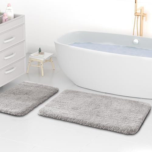wyewye Mikrofaser-Badteppiche, 2 cm, super dick, super saugfähig, Badezimmerteppich, 50 x 80 cm und 40 x 60 cm, Hellgrau