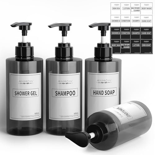 Anhow 4er Seifenspender Kunststoff 500ml, Shampoo Spender für Dusche mit 16er Kategorie Etikett für Dusche/Küche/Badezimmer - Grau