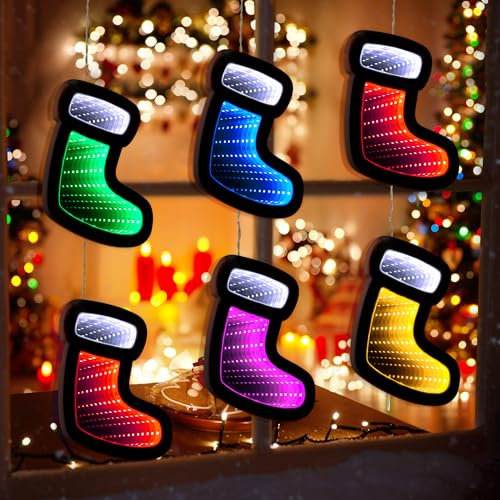 Lphianx 7'' Multicolor Infinity Mirror Lights, 6PCS Christmas Stockings, Indoor Christmas Decorations for Windows, Rooms, Doors & Trees