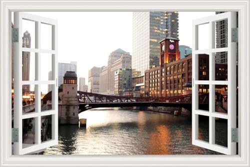 Autocollant mural 3D pour fenêtre de style paysage de lac urbain - Décoration d'intérieur - Pont amovible - Pour salon, chambre à coucher, décoration - Faux papier peint autocollant pour fenêtre -