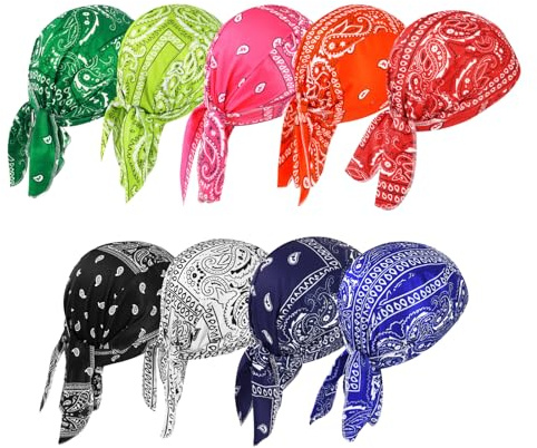 DOCILA Do Rags Skull Cap for Men Women Vintage Paisley Helmet Liner Bandana Sweat Wicking Motorcycle Durags Cycling Head Wrap Boho Outfits Gifts 9 Pack Colorful