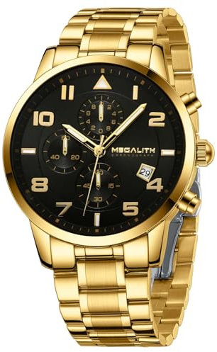 MEGALITH Armbanduhr Herren Sport Chronograph: Gold Edelstahl Analog Quarz - Militär Wasserdicht Datum Uhren für Männer