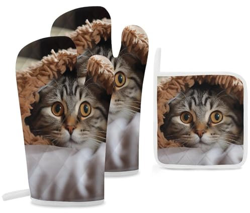 Oven Mitts and Pot Holders Sets Cat Under Blanket Oven Gloves and Hot Pads with Soft Cotton Lining Heat Resistant Potholders Kitchen Mittens for Kitchen Baking Cooking