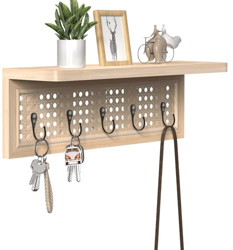 Homode Garderobenleiste Wandhalterung mit Ablage, Boho Rattan Eingang Wandregal mit Haken, Naturholz Schweberegal mit 5 Heringen, Hängende Kleiderhaken Hutaufhänger für Kinderzimmer Schlafzimmer