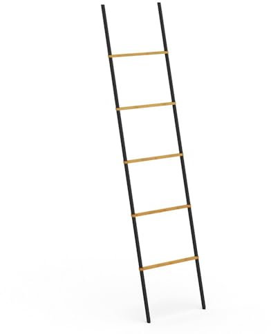 AWD Interior Handtuchleiter, Leiterregal Schwarz/Bambus, Handtuchhalter Stehend für Badezimmer, Handtuchständer Dekoleiter, Kleiderleiter Holz Leiter Handtuchhalter