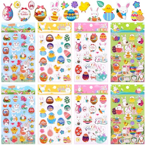 ZALAON Aufkleber Ostereier, 8 Blätter 3D Ostersticker Kinder Aufkleber, Oster Sticker, Osterhase Ostereier Osterküken für Osterdeko oder Geschenk