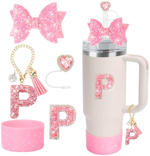 Set di accessori luccicanti per Stanley tazza da 850,5 g e 1134 g, tra cui copertura in paglia con strass, adesivo con lettera di strass, ciondolo con manico a forma di lettera e fiocco scintillante e