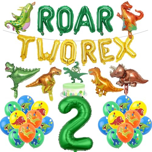 Dinosaurier 2. Geburtstag Party Dekorationen - 38 Stück Dinosaurier Ballon Set Brüllen Zwei Rex Buchstaben Luftballons Zahl 2 Folienballon Kuchen Topper Dschungel Dekoration für 2 Jahre alte Jungen