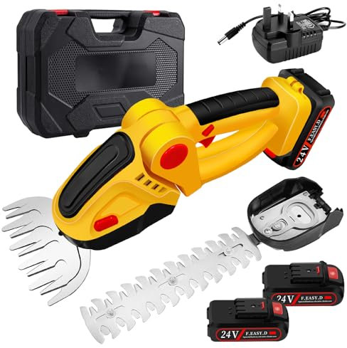 Cordless Hedge Trimmer-24V Electric Shrub Trimmer Grass Shears Handheld Grass Cutter, Hedge Shear with 2 PCS Rechargeable Batteries and Charger for Garden, Lawn