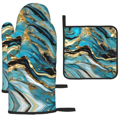 Ensemble de gants de cuisine et maniques avec imprimé marbre bleu turquoise doré pour cuisine, barbecue et four