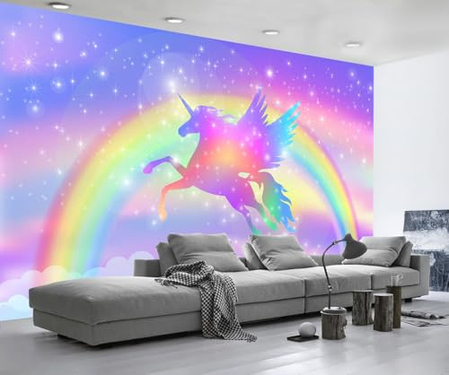 Mural Wallpaper Unicorn Rainbow Wallpaper 3D Effect Murals for Bedroom and Living Room Wall Decoration -KX00593, 430x300cm
