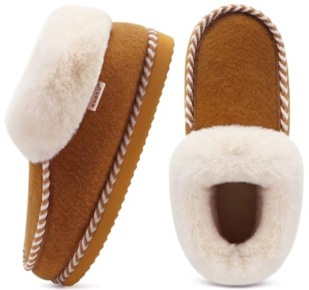 KuaiLu Hausschuhe Damen Kuschel Fussbett Fell Winter Pantoffeln Frauen Warme Flauschige Plüsch Gefütterte Geschlossen Hause Filzhausschuhe Filz Wolle Hüttenschuhe Rutschfest Feste Sohle braun 39